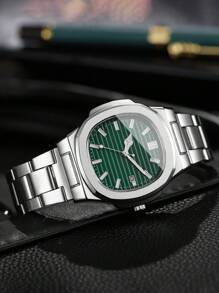 1pc Men's Fashion Simple Square Dial Calendar Business Quartz Watch With Steel Strap, Casual (Does Not Include Watch Box)