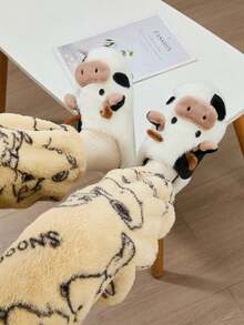 Cute Cow Print Closed-Back Slippers, Soft & Plush, Fashionable & Warm, Suitable For Women, Students, Home Use In Winter - Black and White - View 2
