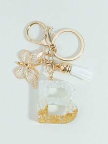 可爱字母钥匙扣，白色钥匙扣，金色箔印大写字母树脂钥匙圈吊坠，蝴蝶流苏挂饰，时尚钥匙扣，女士礼物，钱包包包装饰，父亲节、母亲节、生日、感恩节、圣诞节礼物，创意礼物，带证件套挂绳，汽车配件，包包挂饰 - 白色 - 查看 19