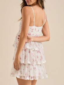 Women Y2k Boho Ruffle Flowy Mini Dress Floral Print Spaghetti Strap Bowknot Short Dresses Elegant Tiered Square Neck Sleeveless Hem Skater Sundress - 白色 - 查看 3