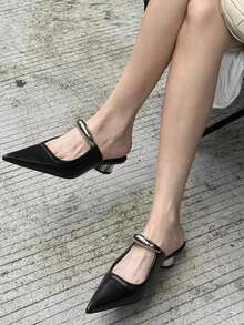 Women's New Simple Pointed Toe Mule Slippers, Black Leather Metal Decor Vintage French Chunky Heel Mid-Heel Open Back Slides, Elegant To Pair With Dresses, Fashion Mini Leather Shoes - Black - View 2