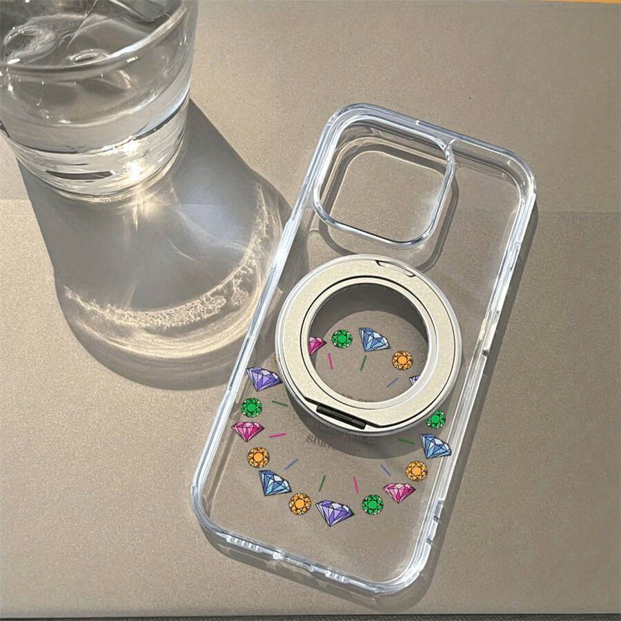 Estuche para teléfono 1PC Patrón de diseño de un círculo de diamantes, Soporte de atracción magnético giratorio magnético fuerte de acrílico de alta transparencia, Estuche para teléfono Base suave transparente Soporte de pie anti-caída, Adecuado 16promax, 16 15pro 1 - transparente - Ver 1