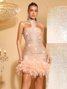 Luxury Feather & Rhinestone Embellished Spaghetti Strap Bodycon Mini Dress, Sexy, Suitable For Ball, Party, Birthday, Prom, Graduation Ceremony - Apricot - View 1