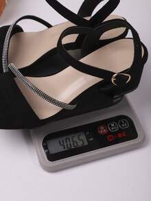 1 Pair Fashion Strap Women Chunky Heel Sandals, Solid Color Open Toe, Minimalist Style, Suede Back, European & American Design - Diamond Strip Black - View 10