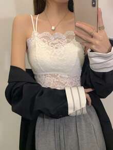 白色性感蕾丝吊带背心，休闲女士内衣文胸，带可拆卸胸垫，适合春夏穿着 - 白色 - 查看 5