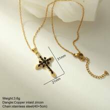 1pc Elegant Crystal Cross Pendant Necklace, Unisex - Stainless Steel, Gold Chain, Inlaid With Black, Transparent And Pink Gems, Versatile Jewelry Gift For Men And Women, Suitable For Casual Or Formal Occasions | Graceful Necklace | Cross Necklace