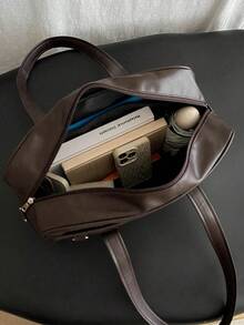 简约时尚 OL 托特包，女士 PU 皮革手提包，纯色大容量单肩包，适合工作 - 咖啡棕 - 查看 3