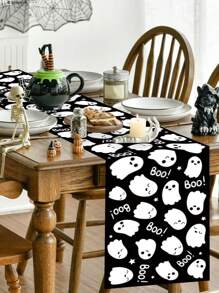 1 pieza Camino de mesa de poliéster con diseño blanco y negro de fantasma lindo de 35*180cm, con el texto "¡Buu!" Adecuado para fiestas de Halloween, decoración de temas de terror, restaurantes, cocinas o reuniones en el hogar, artículos para fiestas