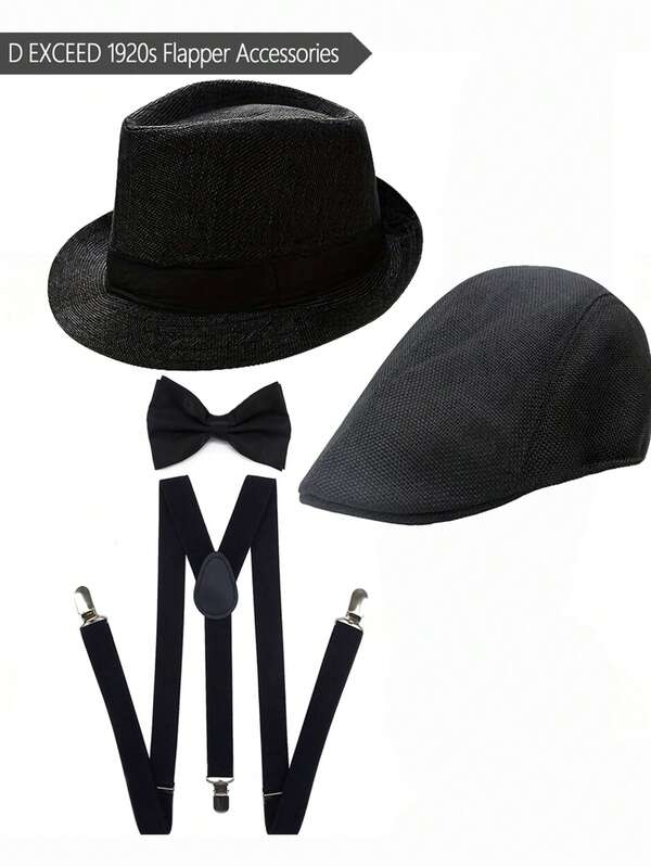 D EXCEED 4pcs 1920s Men Costume Fedora Hat Gatsby Gangster Accessories Suspenders & Pre Tied Bowknot Gift,Halloween