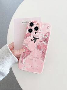 Compatible With Apple 17 16 15 14 13 12 11 Pro Max/Redmi/OPPO/Realme/Infinix Series, Pink Map Travel Pattern Design Pink Straight Edge TPU Phone Case, Anti-Drop, Portable - Pink - View 7