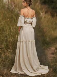 Maternity Solid Color Ruffle Off-Shoulder Photoshoot Dress - Apricot - View 5