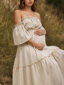 Maternity Solid Color Ruffle Off-Shoulder Photoshoot Dress - Apricot - View 2