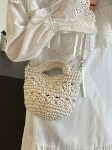 This Fashionable Multi-Functional Solid Color Hollow Crochet Handbag Is An Ideal Choice For Summer Vacation. It Comes With A Detachable Woven Shoulder Strap, Making It Versatile. This Ladies' Crochet Bag Is Suitable For Daily Travel, Vacation, Commuting To Work, And Matching With Various Fashionable Outfits. It Pairs Perfectly With Crochet Sets, Vacation Essentials, And Beach Accessories. - Multicolor - View 9