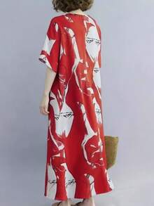 Plus Size Random Print Pocket V-Neck Dress, Minimalist And Fashionable, Suitable For Summer - Red - View 4