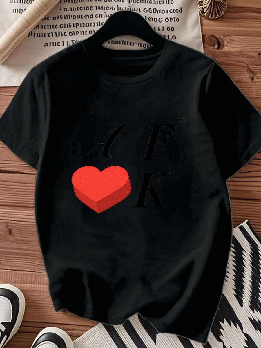 One piece shirts summer tops cotton  clothes women camisas de mujer lindas Camiseta 180g algodón negro blancapatrón de estampado AF Corazón Kimpresión de alta calidad en algodóncuello redondocorte básico holgadohombres y mujerestranspirableversátillavable a máquinacómodatalla S ~ 3XLdiariacasualdeportivaimprescindible para el verano. - Negro - Ver 1
