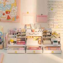 多功能桌面收纳盒，大容量木质塑料笔筒，办公及学生用品收纳 - 白色 - 查看 4