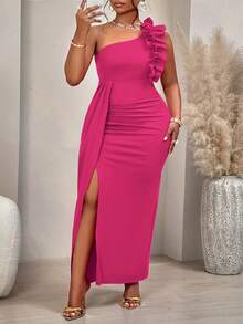 BIUBIU Plus Size Women's Solid Color Asymmetric Shoulder Ruffle Pleated Design Sleeveless Elegant Split Dress, Suitable For Parties, Dates, Singles Events, Formal Dinners Or Grand Occasions - Hot Pink - View 1