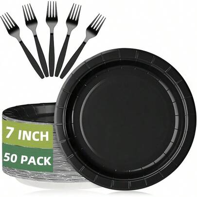 YQQ Black Paper Plates Party Supplies 7 Inch Black Dessert Plates With Forks 50 Set For Cake Salad Fruit Pizza Disposable Party Plate For Retirement Birthday PicnicTANGYU