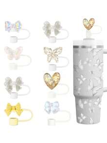8 PIEZAS / 10 mm / 0.4 in Tapas y accesorios de pajitas de silicona, accesorios de taza para tumblers de 30/40 oz con asa, tapa de pajita Love Shack Fancy, tapa de pajita con diseño de mariposa y moño para días festivos, tapa reutilizable para taza