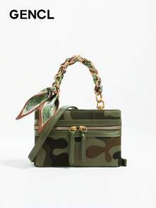 Women 2025 New Summer High-End Silk Scarf Chain Camouflage Chic Mini Square Box Bag Small Versatile Lightweight Stylish Messenger Crossbody Handbag | Travel, Vacation, Shopping, Date, Commute, Gift For Women, Mothers, Teachers, Friends, Bridesmaids - màu xanh lá - Xem 1