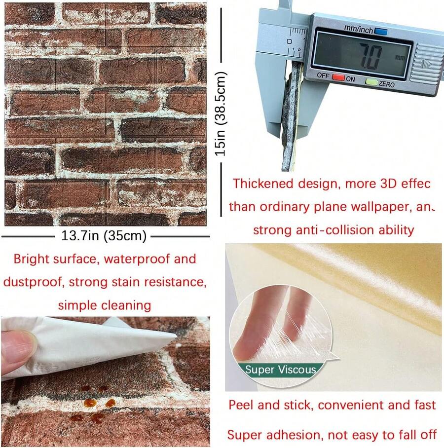 10PCS 3D Wall Panels Peel And Stick Foam 3D Brick Wallpaper Peel And Stick Red Faux Stone Wall Panel Self-Adhesive Wallpaper (10PCS, Red),6425400 - Redwood - View 1