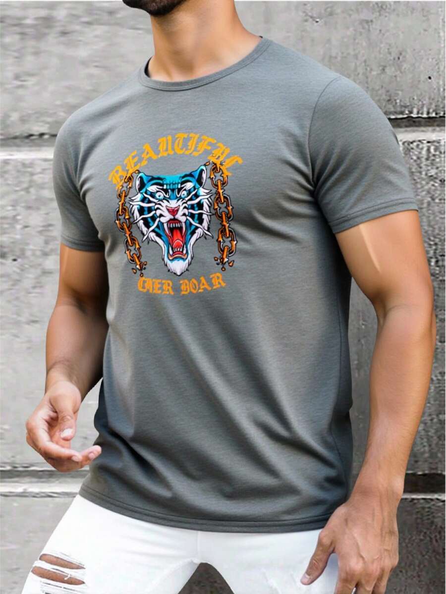 King T-shirt Playera de Hombre Estampada con Diseño de Tigre Rugiendo y Texto Beautiful Tiger Roar, 100% Algodón Suave y Cómodo, Cuello Redondo, Manga Corta, Estilo Casual Moderno para Uso Diario, Ideal para Outfit Urbano Masculino Juvenil, Ropa Fresca para Verano o Todo el Año en Varios Colores - Gris - Ver 1
