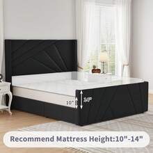Full/ Queen Size Bed Frame With Tall Wingback Headboard And Footboard, Upholstered Platform Bed Frame With Geometric Tufted Headboard & Footboard, Velvet Modern Bed Frame, No Box Spring Needed, Easy Assembly, Cream White/ Black - 黑色 - 查看 5
