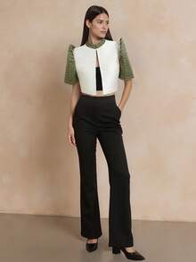 Amyenjoylife 现代精致袖子拼接立领上衣，优雅开襟上衣，圣诞绿拼接袖上衣 - 綠色 - 查看 3