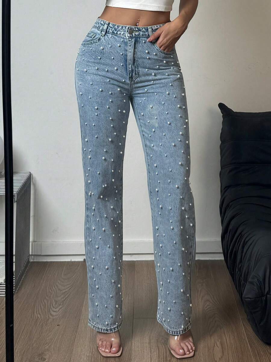 Women's Denim Straight Leg Pants Are Made Of Loose And Comfortable Denim Fabric, With Nail Bead Craftsmanship And Pockets, Suitable For Party Occasions(The Size Is Slightly Small; It Is Recommended To Order One Size Up.) - 淺色水洗藍 - 查看 1