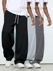 Set de 3 bucăți de pantaloni lungi sport cu șnur largi, cu talie plată, combinație multicoloră, pantaloni de sport ocazional în aer liber versatili, set de 3 piese confortabili și respirabili, potriviti pentru sporturi în aer liber și ieșiri zilnice.