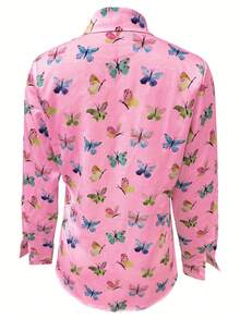 Camisa elegante de manga larga con estampado de mariposas para mujer,Camisas de mujer,Top informal de manga larga con botones - Rosa - Ver 4