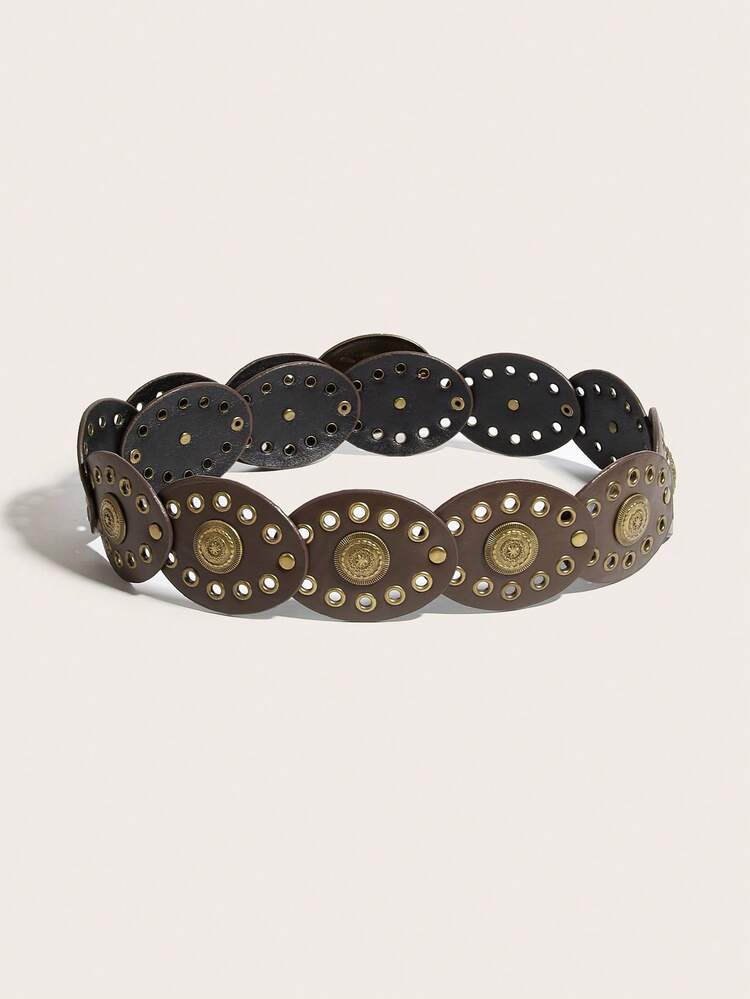 1pc Western Style Vintage Patchwork Women's PU Belt, Bohemian Belt, Western Style Belt, Women's Accessory, Autumn/Winter Brown Cross Round Buckle Waist Belt, Dress Accessory, Jeans Accessory, Suitable For Party, Music Festival, Holiday, Daily Wear - Brown Spliced Cross Metal - View 4