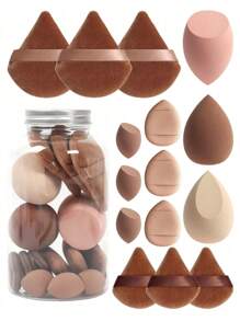 Set de 15 piezas de esponjas de maquillaje con recipiente de almacenamiento que incluye 3 esponjas de maquillaje, 3 esponjas de maquillaje mini, 3 borlas de polvos grandes, 3 borlas de polvos mini y 3 cojines de dedo mini.