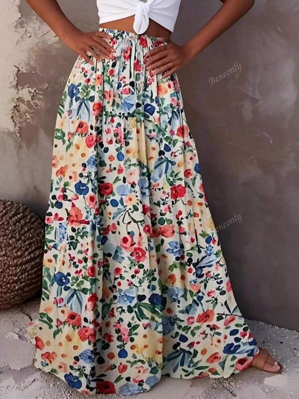 Elegant Ditsy Floral Loose Fit Maxi Skirt For Women