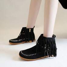 [Tassel Decor Ankle Boots] Casual Tassel Decor Short Boots - Comfortable Ankle Boots With Metal Beads Decor Side Zipper - 黑色 - 查看 2