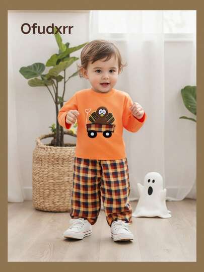Kid Toddler Thanksgiving Casual Outfit Turkey Embroidery Long Sleeve Pullover Elastic Waist Plaid Pants 2Pcs Set