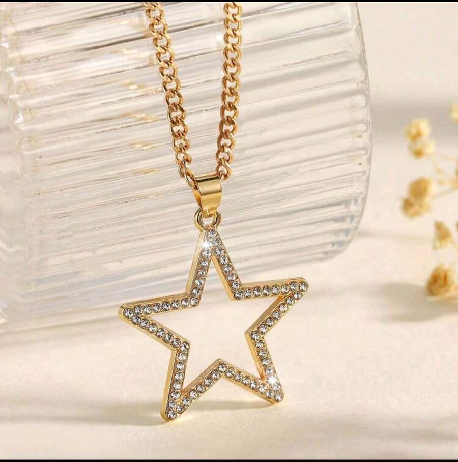 Shiny Star Pendant Necklace Rhinestone Stainless Steel Chain Choker Women Fashion Elegant Delicate Gift - Vàng - Xem 1