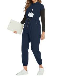 Cimmuovere Mono de talla grande con manga corta, cintura con lazo, plisado, cremallera y cuello alto para primavera - Azul Marino - Ver 3
