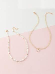 Set de 2 collares con colgante de perla y mariposa elegantes para niñas, accesorios de joyería de moda adecuados como regalo para fiestas