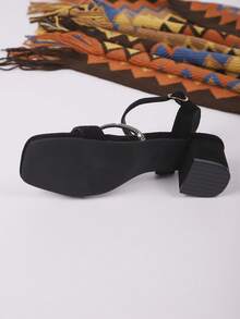 1 Pair Fashion Strap Women Chunky Heel Sandals, Solid Color Open Toe, Minimalist Style, Suede Back, European & American Design - Diamond Strip Black - View 9