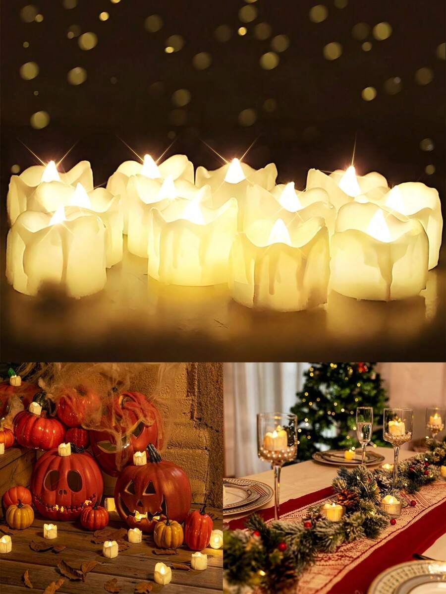 12 piezas - Velas de té LED sin llama a batería, vela electrónica de simulación LED flamé, luz decorativa para mesa para fiesta, boda, cumpleaños, vacaciones y propuesta de matrimonio, lámpara de atmósfera romántica para decoración de mesa de boda y restaurante, campamento, aniversario, decoración central de la mesa, funeraria, Halloween, Navidad, Decoración de Halloween