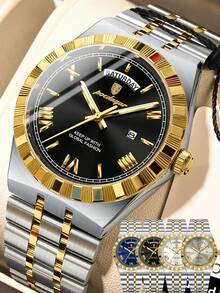 POEDAGAR 1pc Business Classic Men's Week Date Stainless Steel Quartz Watch For Man, Casual Waterproof Luminous Men Wristwatch, Fashion Luxury Male Watches Suitable For Office Occasion, Holiday Gifts For Men - 彩色 - 查看 11