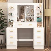 Large Dressing Table With 11 LED Bulbs Mirror And 7 Drawers Vanity Makeup Table - 白色 - 查看 2