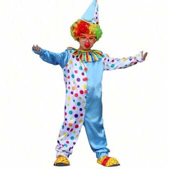 一套适合男孩和女孩的小丑套装，儿童小丑服装，儿童连体衣角色扮演服装（注意：包括帽子/连体衣，不包括道具假发/塑料眼镜/红鼻子/鞋子）