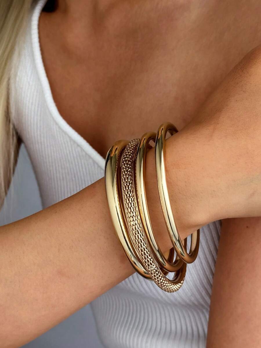 4 件/套简约金属材质手镯套装，轻盈奢华风格适合女性日常佩戴 - 金色 - 查看 1