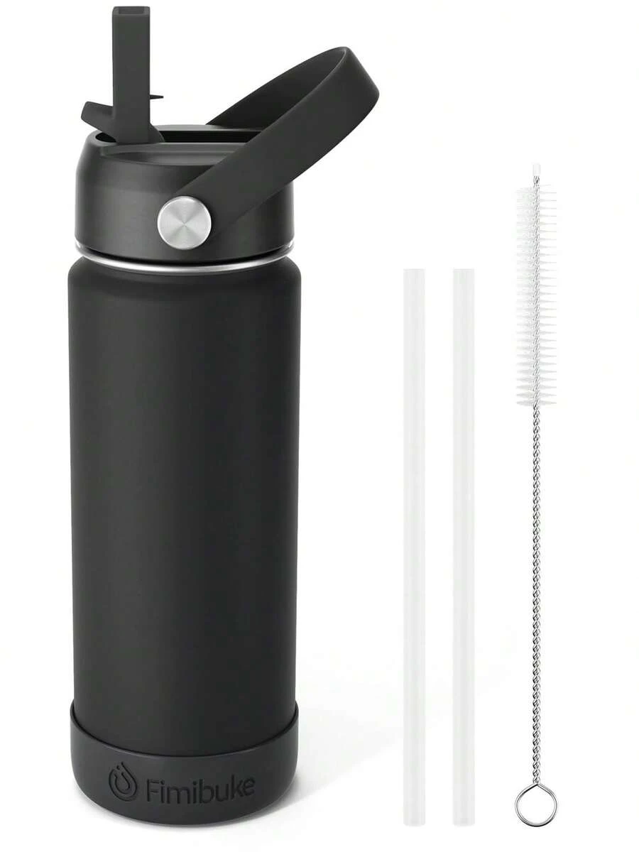 Insulated Water Bottle With Straw, 18oz 18/8 Stainless Steel Water Bottles With Lid, Tumbler Double Wall Vacuum Leak Proof Water Bottle For School, Sports, Travel - B8.Black - 查看 1