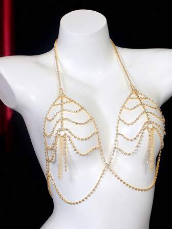 女士性感身体链，多层镂空水晶流苏项链胸链，性感内衣配饰适合私人派对、夜总会、音乐节或家庭狂欢