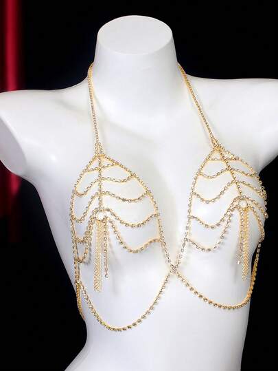 女士性感身体链，多层镂空水晶流苏项链胸链，性感内衣配饰适合私人派对、夜总会、音乐节或家庭狂欢