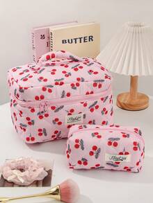 一套可爱樱桃印花化妆包，柔软绗缝拉链化妆收纳包，大容量带提手化妆包，多功能儿童化妆盒，便携式化妆袋，粉色旅行化妆包，女孩返校化妆包，女孩生日/返校礼物 - 彩色 - 查看 7
