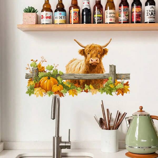 Watercolor Style Farmhouse Highland Cow Wall Stickers - Autumn Harvest Scene With Pumpkins & Fall Foliage & Wooden Fence, Detachable, Self-Adhesive, Easy Peel And Stick, Removable Home Decor For Living Room, Bedroom, Office -Perfect Housewarming Gift, Cow Print Room Decor, Wall Decor